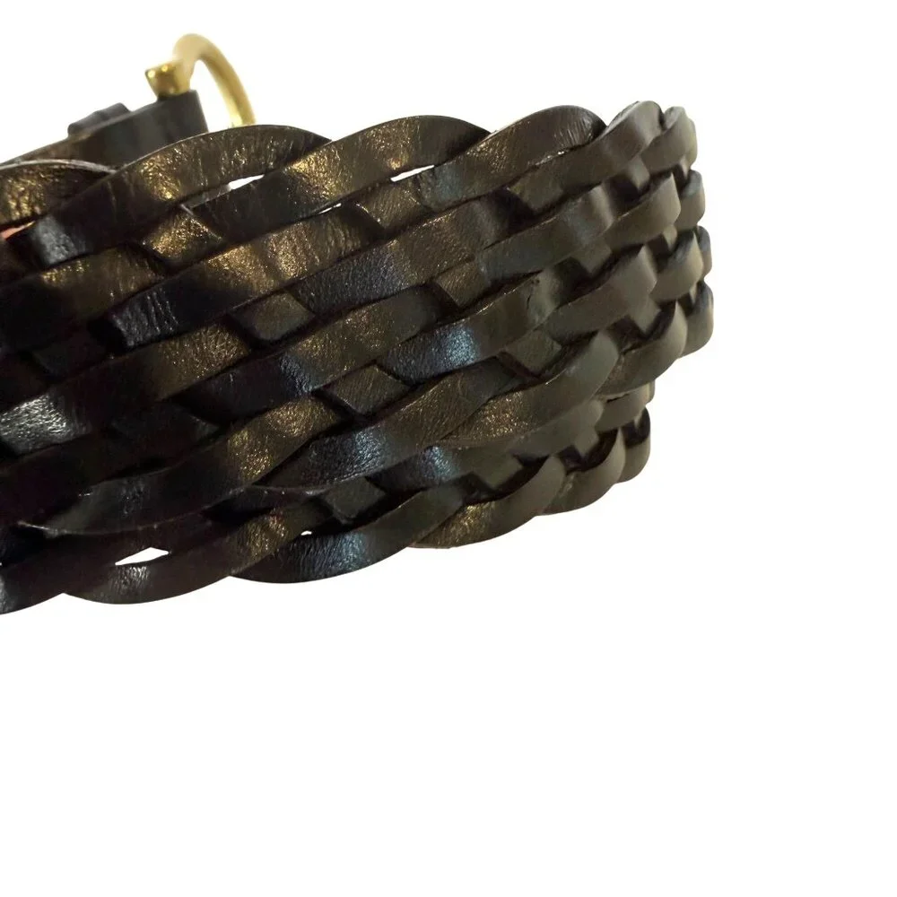 Leather Braided Belt L 45" Womens Black Gold Metal Buckle - Picture 3 of 5